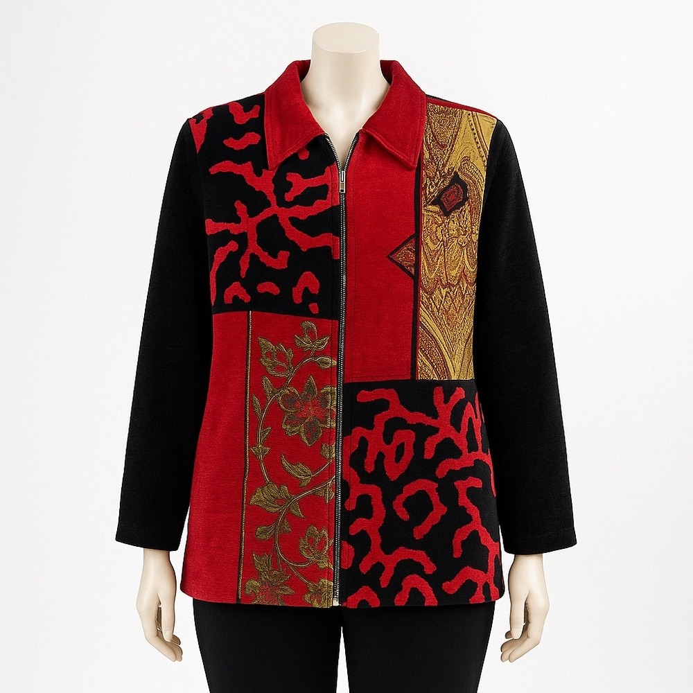 Alex Kim Jacket Womens M Red Black Gold Patchwork Tapestry Boho Artsy